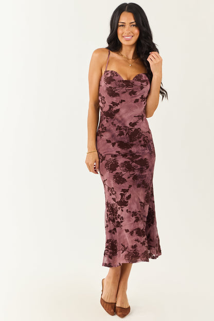 Plum Mesh Floral Flocking Bodycon Midi Dress