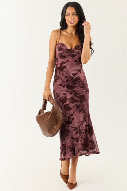 Plum Mesh Floral Flocking Bodycon Midi Dress