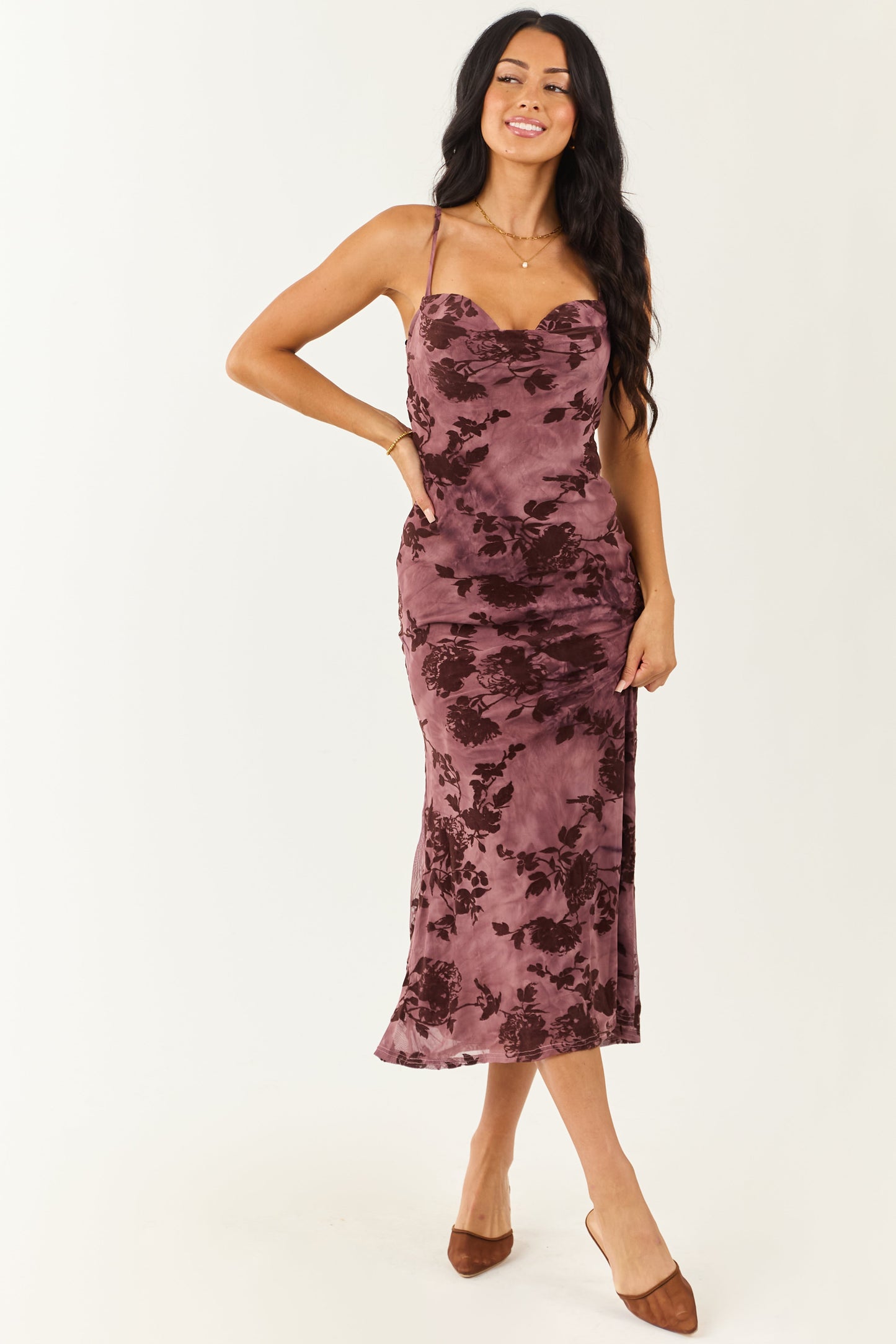 Plum Mesh Floral Flocking Bodycon Midi Dress