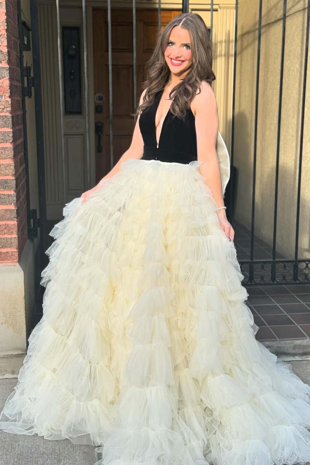 Deep V-neck Tiered Quinceanera Dress