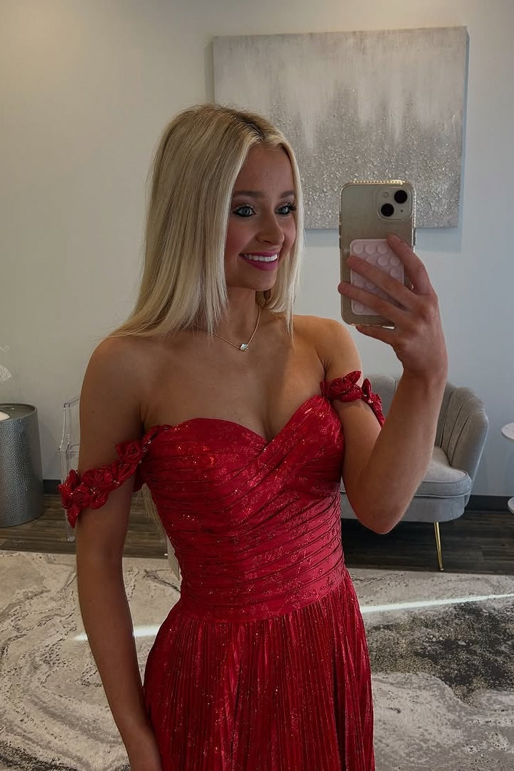 Red Off-Shoulder A-Line Long Party Prom Dress With Slit