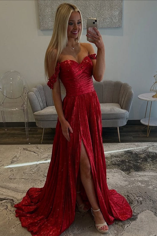 Red Off-Shoulder A-Line Long Party Prom Dress With Slit