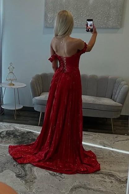Red Off-Shoulder A-Line Long Party Prom Dress With Slit