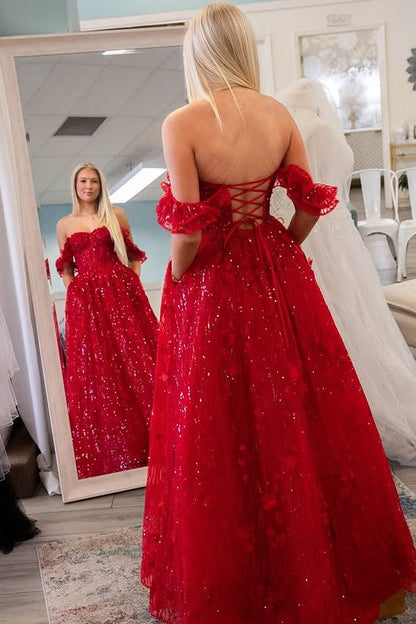 Red Sweetheart Off-Shoulder A-Line Empire Long Party Prom Dress