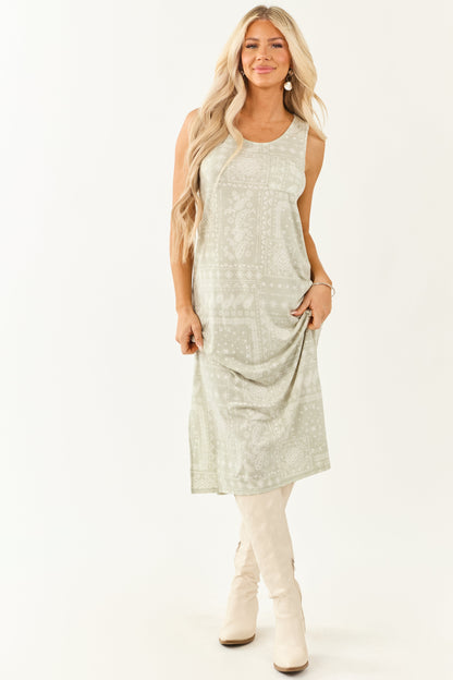 Sage Bandana Print Sleeveless Knit Midi Dress