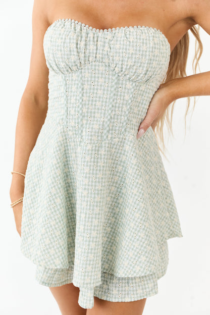 Sage Gingham Eyelet Lace Strapless Corset Mini Dress