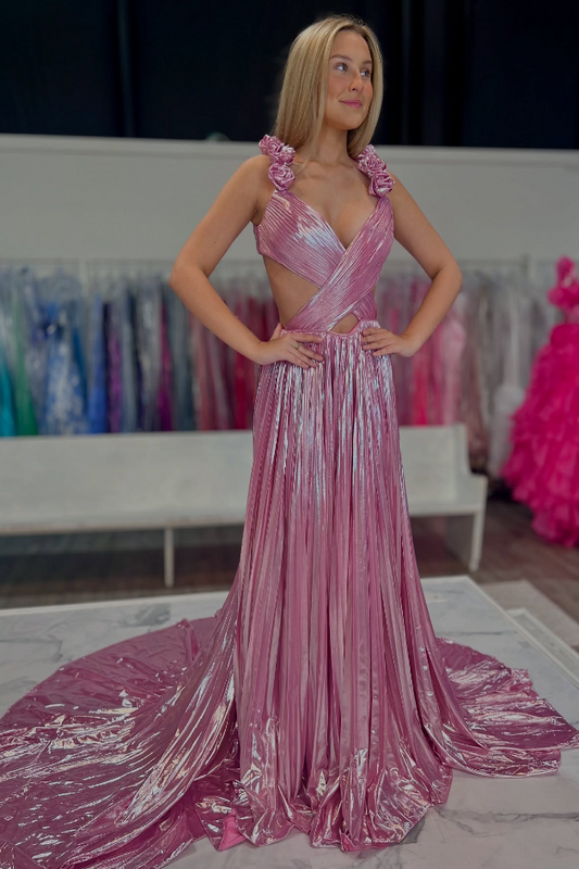 Satin A-Line V-Neck Florals Straps Formal Party Prom Dress With Train