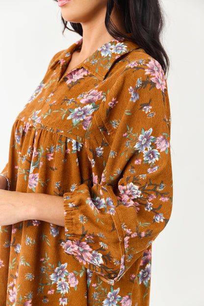 Sedona Floral Corduroy Long Sleeve Short Dress