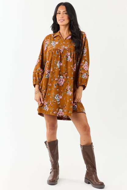 Sedona Floral Corduroy Long Sleeve Short Dress