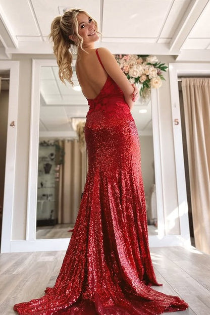 Sexy Sequins Mermaid V-Neck Backless Floral Appliques Party Prom Dress