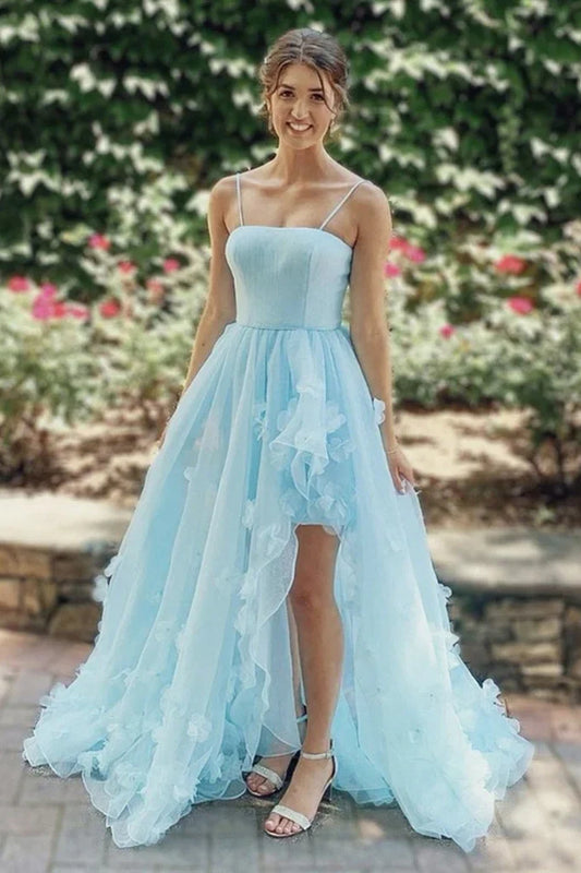 Sky Blue Spaghetti Straps A-Line 3D Floral Party Prom Dress