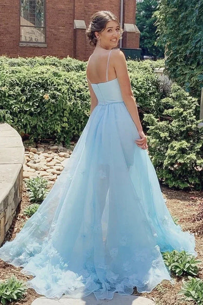 Sky Blue Spaghetti Straps A-Line 3D Floral Party Prom Dress