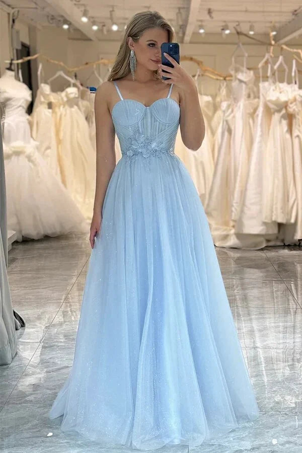Sky Blue Sweetheart Tulle A-Line Empire Floral Appliques Party Prom Dress