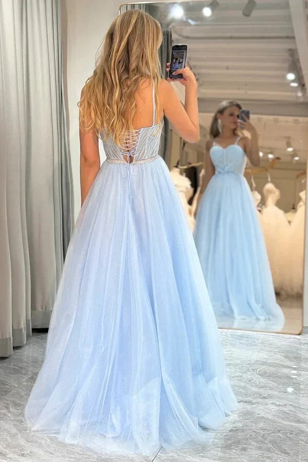 Sky Blue Sweetheart Tulle A-Line Empire Floral Appliques Party Prom Dress