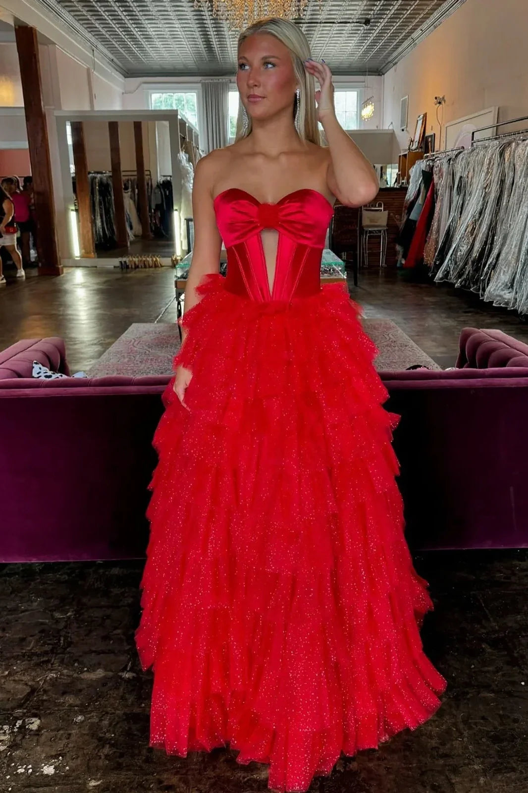 Sparkly Tulle A-Line Empire Tiered Party Prom Dress