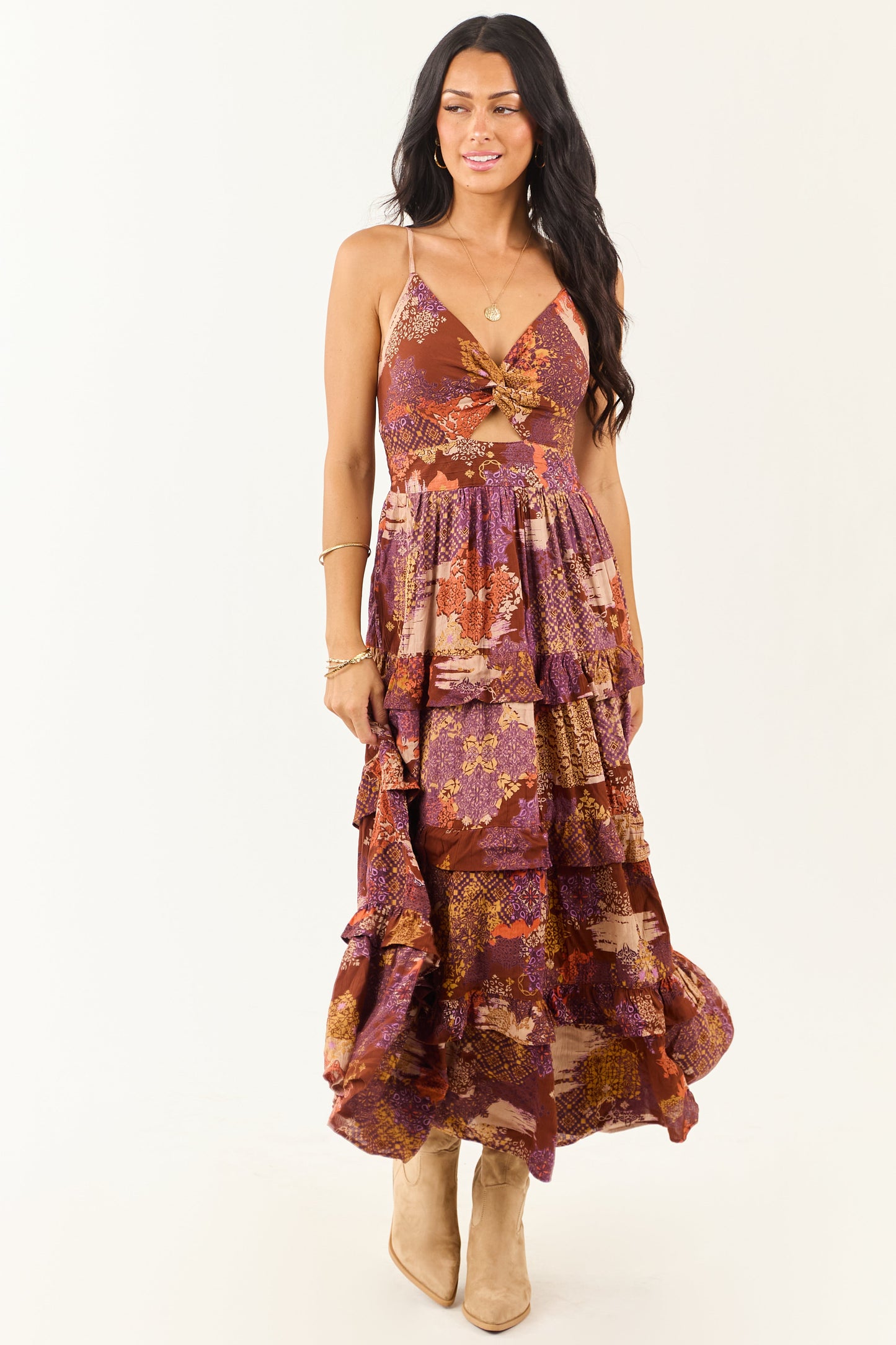 Spice Boho Patchwork Bust Twist Tiered Midi Dress