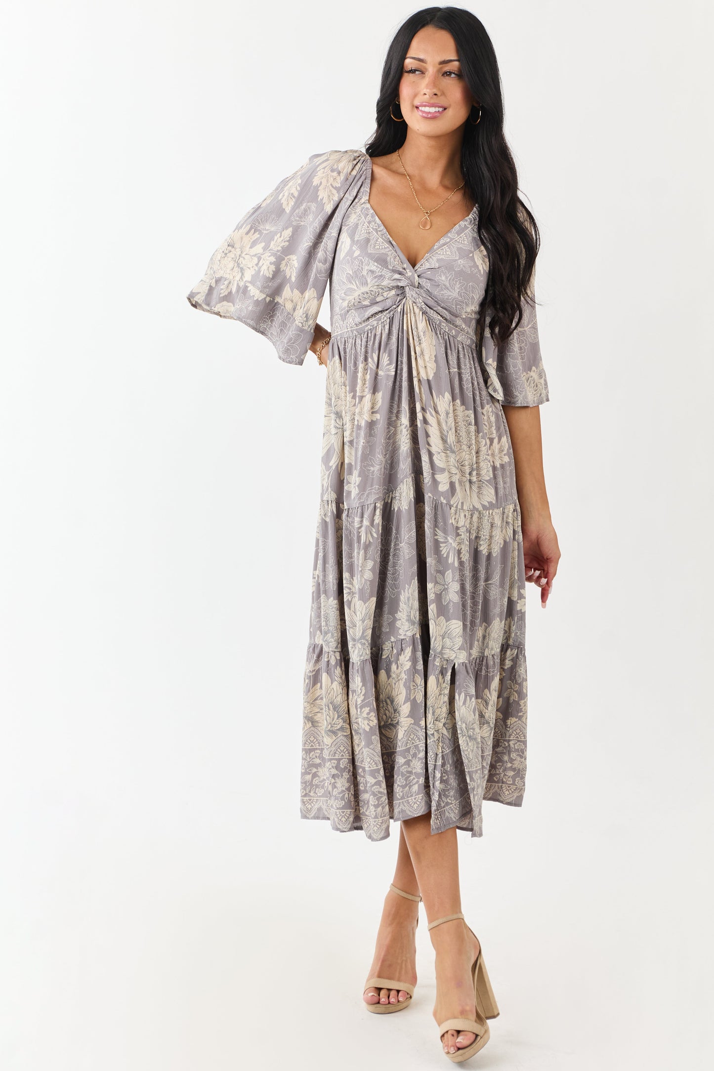 Steel Floral Print Bust Twist Flare Sleeve Midi Dress