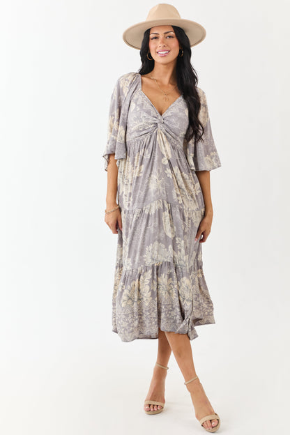 Steel Floral Print Bust Twist Flare Sleeve Midi Dress