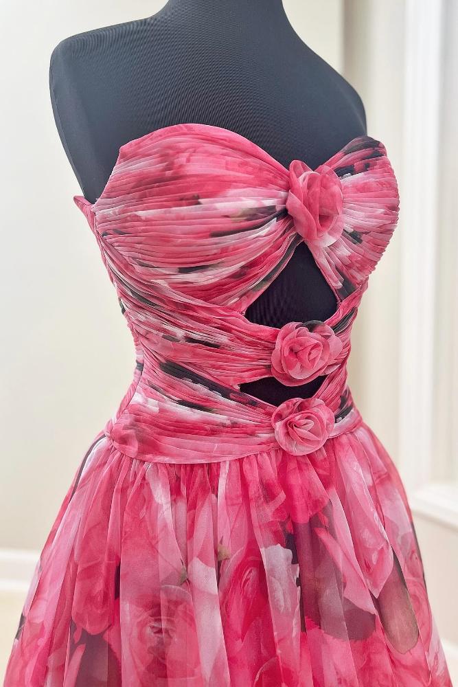 Strapless A-Line  Corset Floral Ruffle Prom Dress