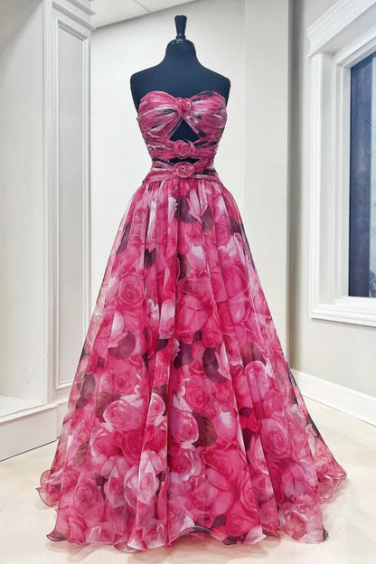 Strapless A-Line  Corset Floral Ruffle Prom Dress