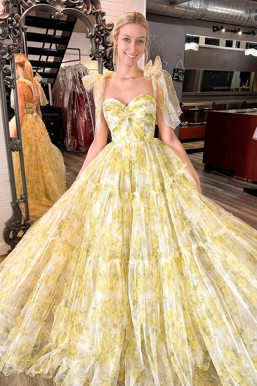 Sweetheart Bow Straps Tulle A-Line Long Party Prom Dress