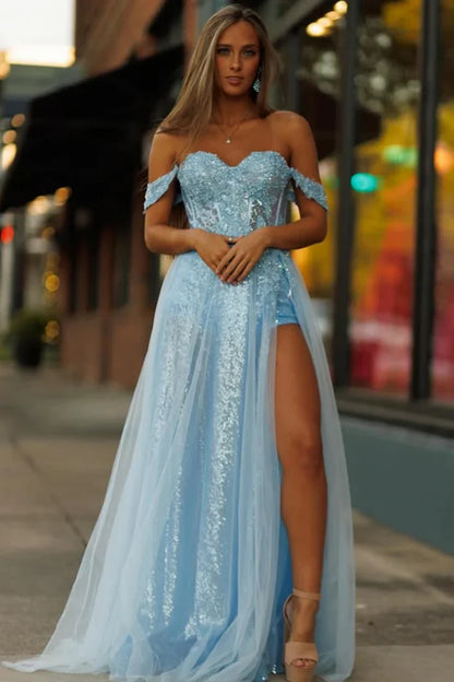 Sweetheart Off-Shoulder A-Line Sparkly Appliques Party Prom Dress