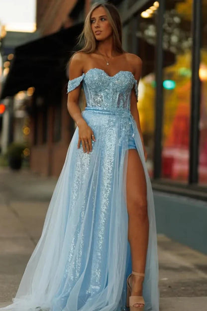 Sweetheart Off-Shoulder A-Line Sparkly Appliques Party Prom Dress