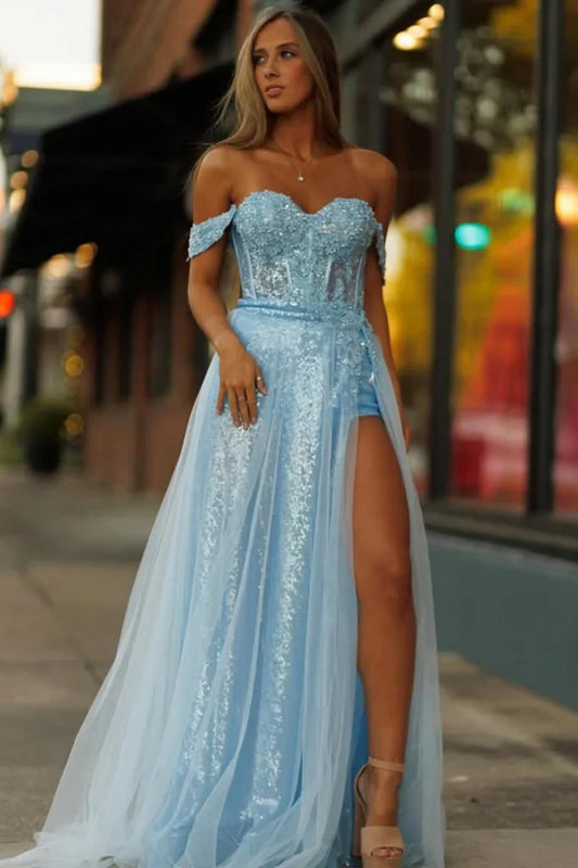 Sweetheart Off-Shoulder A-Line Sparkly Appliques Party Prom Dress