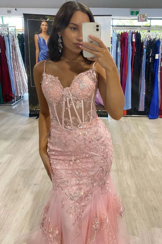 Sweetheart Spaghetti Straps Mermaid Appliques Party Prom Dress