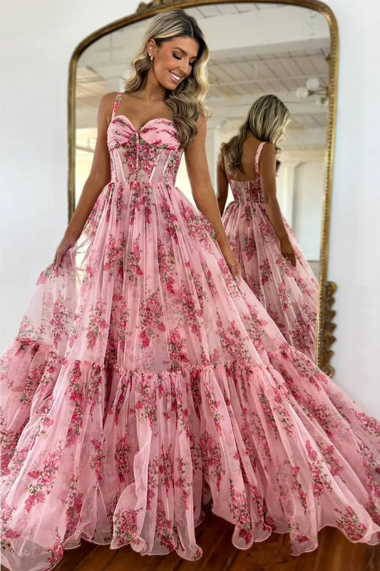 Sweetheart Spaghetti Straps Tulle A-Line Floral Party Prom Dress