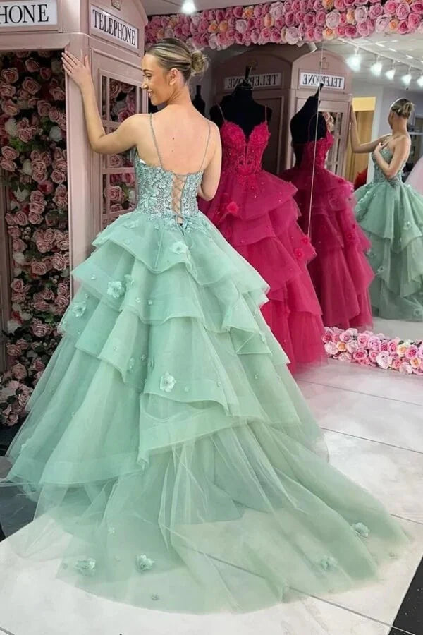 Sweetheart Spaghetti Straps Tulle A-Line Floral Prom Dress