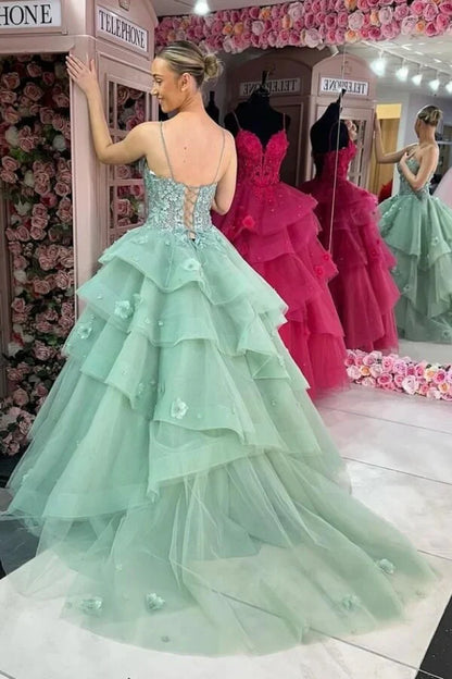 Sweetheart Spaghetti Straps Tulle A-Line Floral Prom Dress