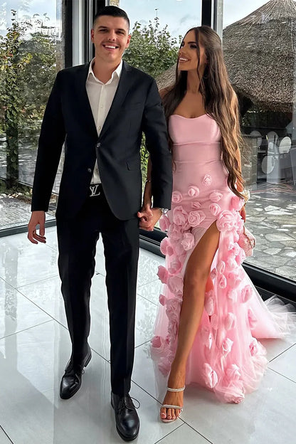 Sweetheart Strapless 3D Florals Party Prom Dress With Side Slit