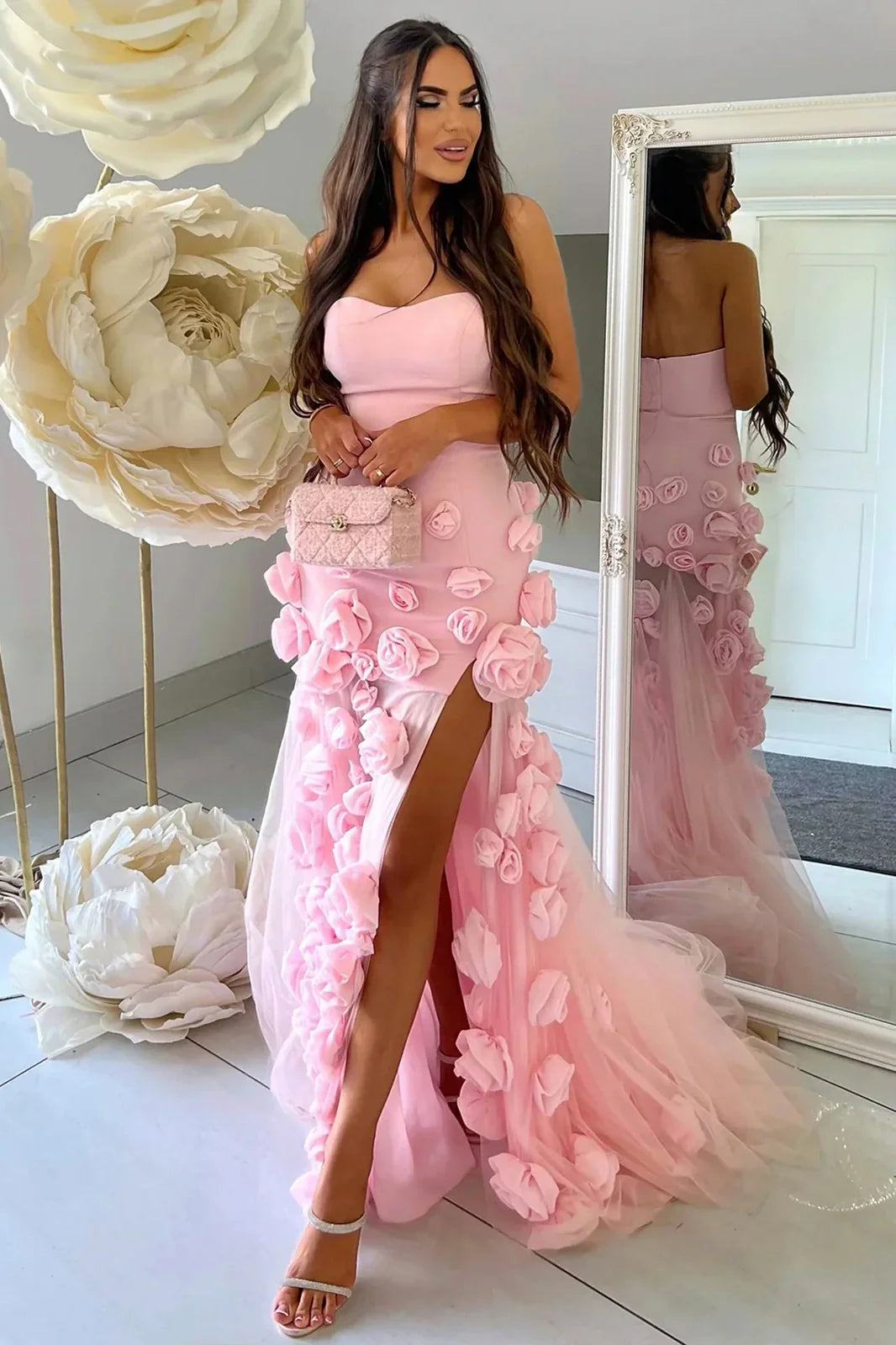 Sweetheart Strapless 3D Florals Party Prom Dress With Side Slit