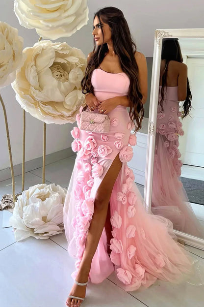 Sweetheart Strapless 3D Florals Party Prom Dress With Side Slit