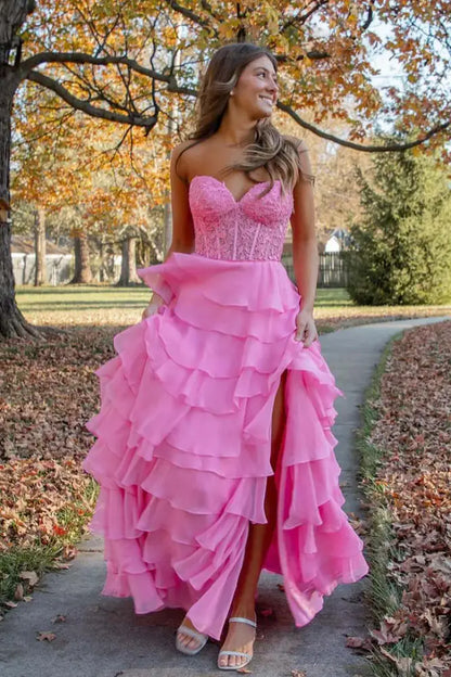 Sweetheart Strapless A-Line Appliques Tiered Party Prom Dress