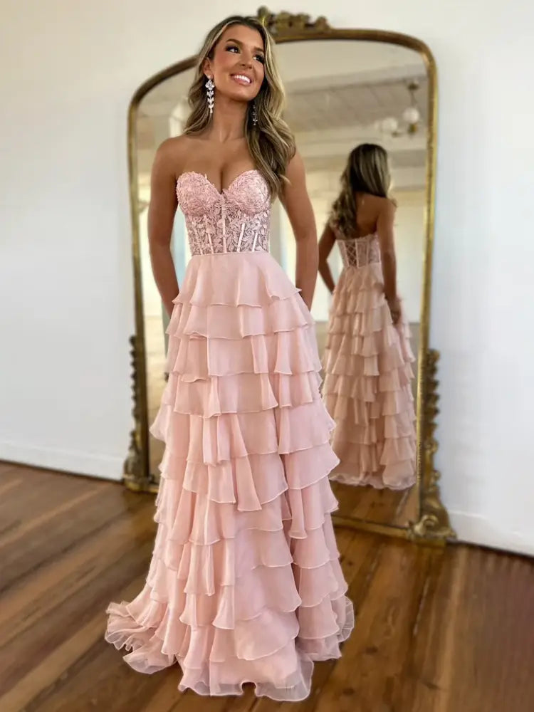 Sweetheart Strapless A-Line Appliques Tiered Party Prom Dress