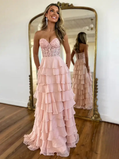Sweetheart Strapless A-Line Appliques Tiered Party Prom Dress