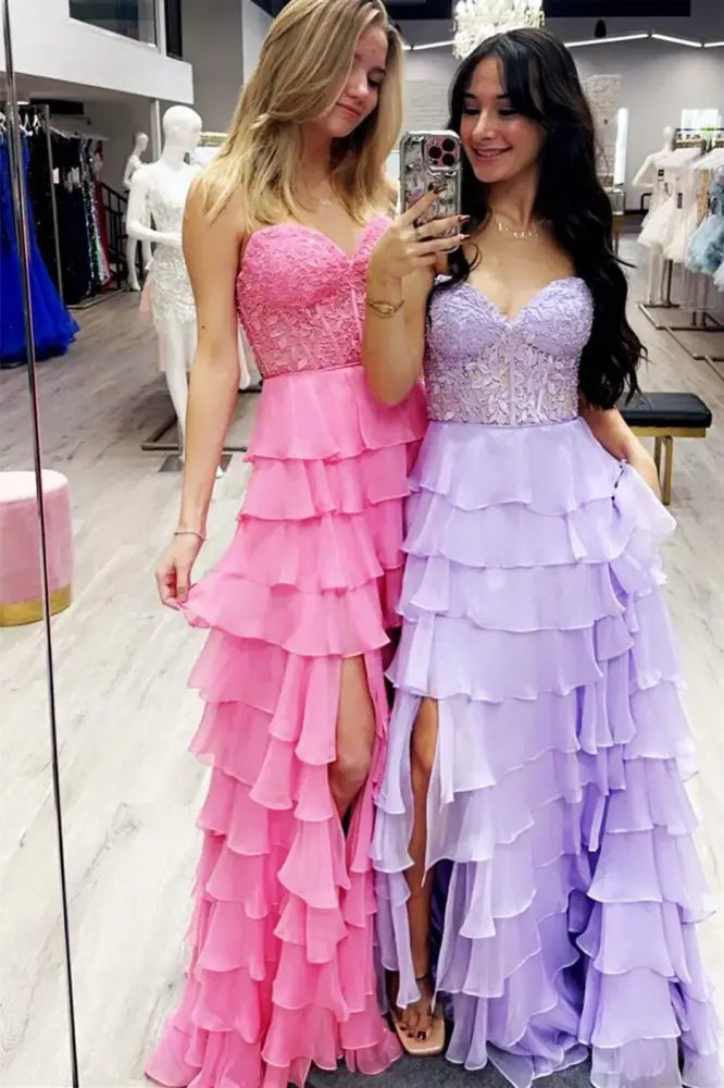 Sweetheart Strapless A-Line Appliques Tiered Party Prom Dress