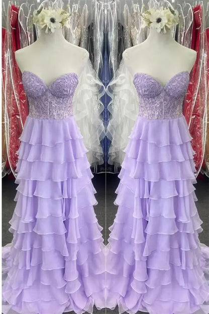 Sweetheart Strapless A-Line Appliques Tiered Party Prom Dress