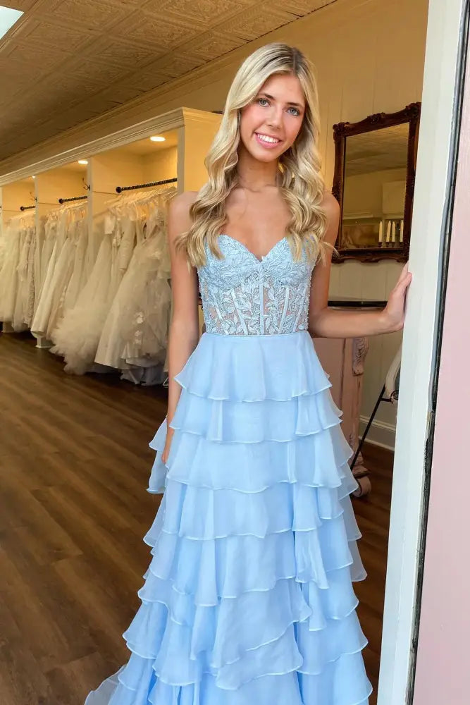Sweetheart Strapless A-Line Appliques Tiered Party Prom Dress