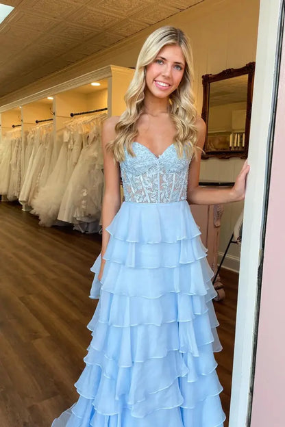 Sweetheart Strapless A-Line Appliques Tiered Party Prom Dress