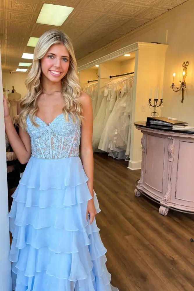 Sweetheart Strapless A-Line Appliques Tiered Party Prom Dress