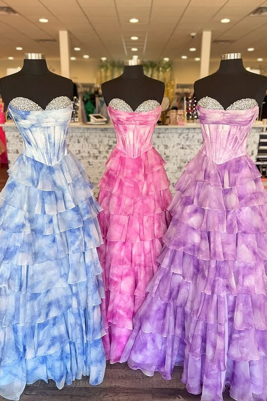 Sweetheart Strapless Beaded Chiffon A-Line Floral Party Prom Dress