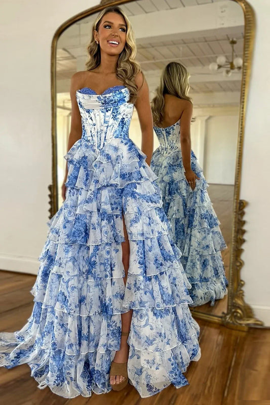 Sweetheart Strapless Empire A-Line Floral Tiered Party Prom Dress