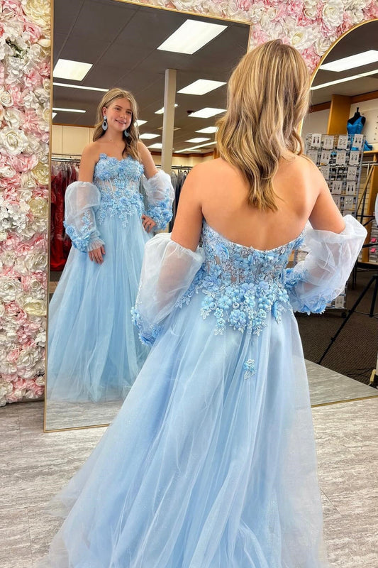 Sweetheart Strapless Puff Sleeves 3D Florals Tulle A-Line Party Prom Dress