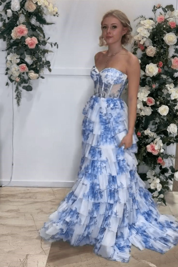 Sweetheart Strapless Sheer Empire A-Line Tiered Appliques Party Prom Dress