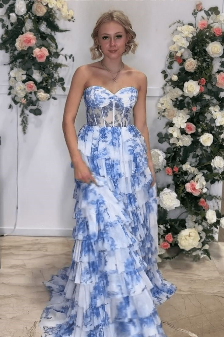 Sweetheart Strapless Sheer Empire A-Line Tiered Appliques Party Prom Dress