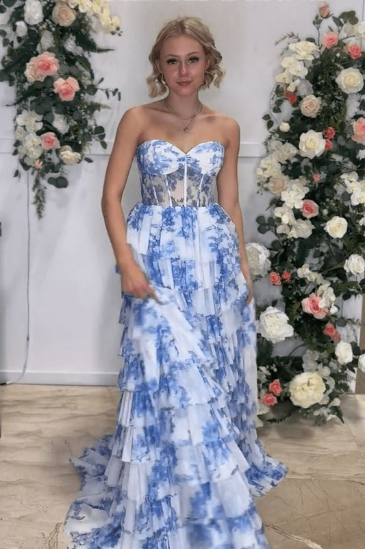 Sweetheart Strapless Sheer Empire A-Line Tiered Appliques Party Prom Dress