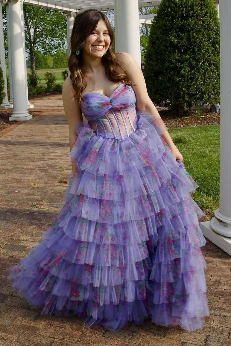 Sweetheart Strapless Tulle A-Line Floral Tiered Party Prom Dress